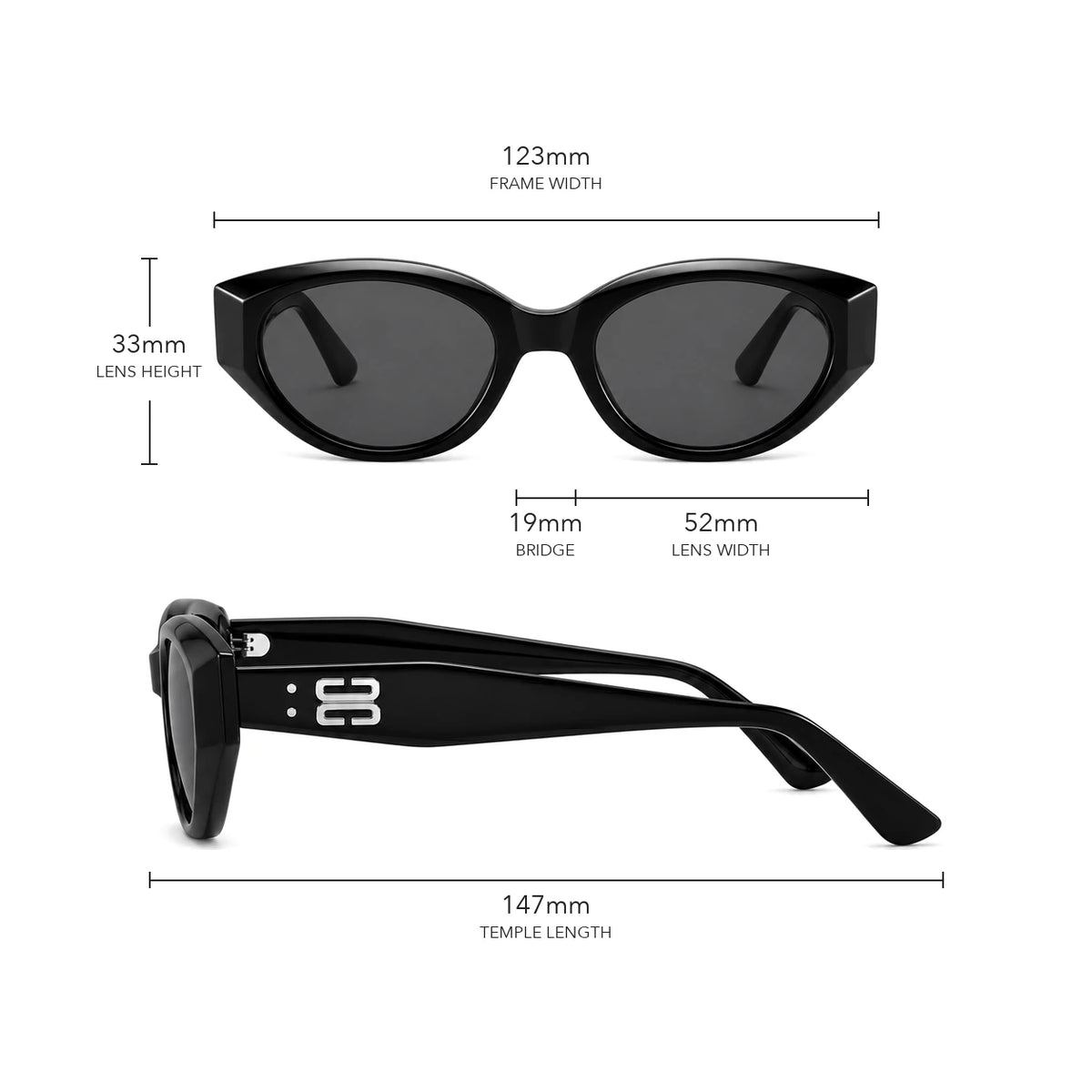 Coco 柔和貓眼太陽眼鏡 size guide with frame measurements