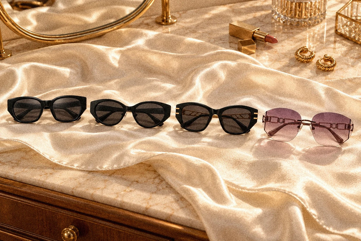 Dune, Lyra, Noir and Muse: soft to sharp lift, from sculpted acetate to Muse's rimless wing, all on lenses 43 mm tall or less.