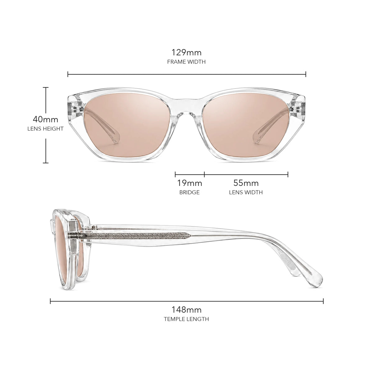 Dune 스컬프티드 캣아이 선글라스 size guide with frame measurements