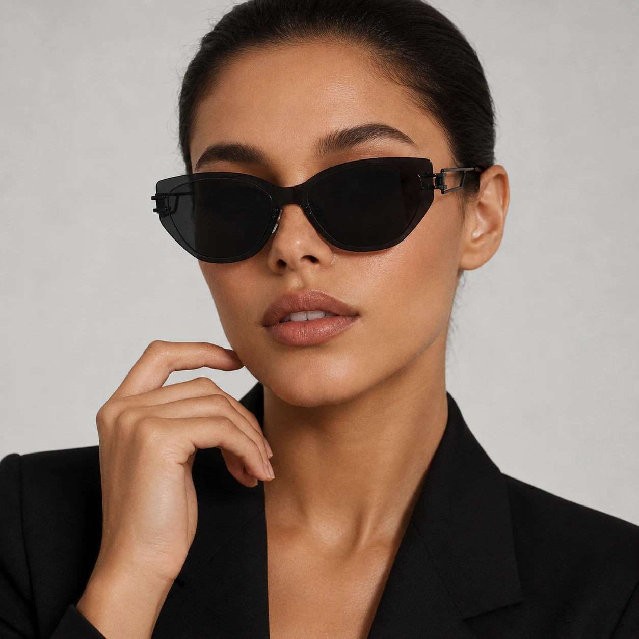 Portrait of a woman with her hand near her chin, showcasing the clean lines and modern design of Baporssa Edge black metal geometric sunglasses.