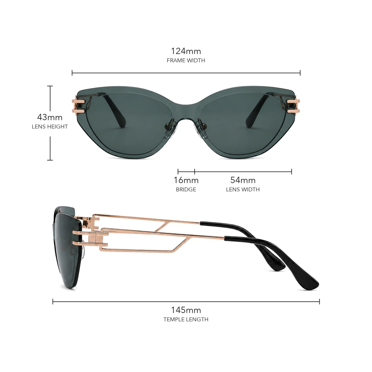 Gafas de sol cat-eye Edge Sharp size guide with frame measurements