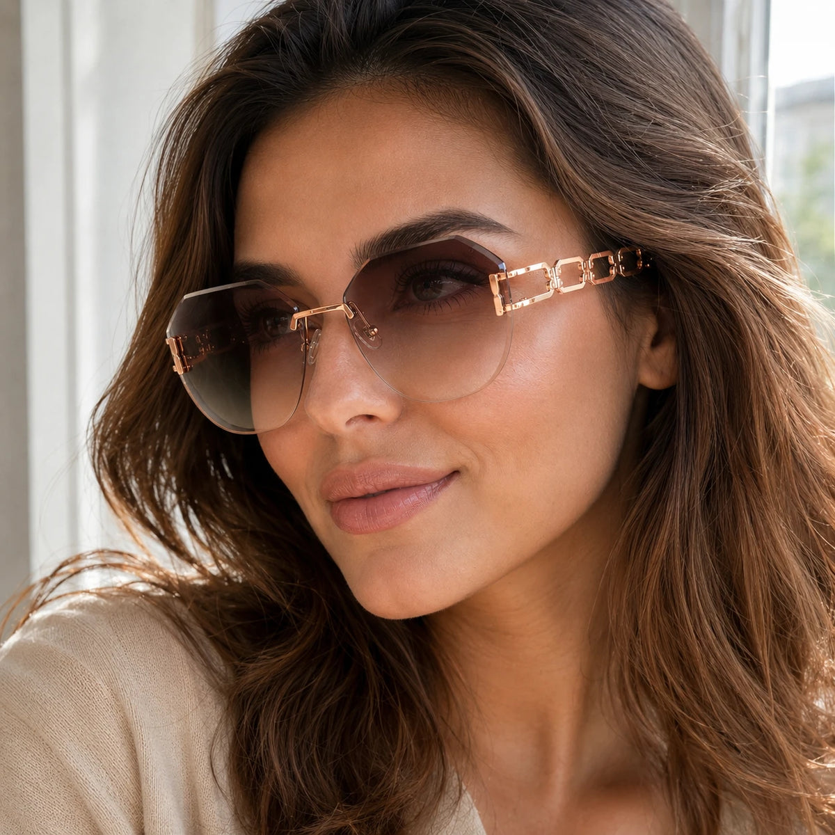 Side profile portrait of a woman looking away, wearing Baporssa oversized rimless sunglasses with brown gradient lenses and a decorative rose gold geometric hollow temple.