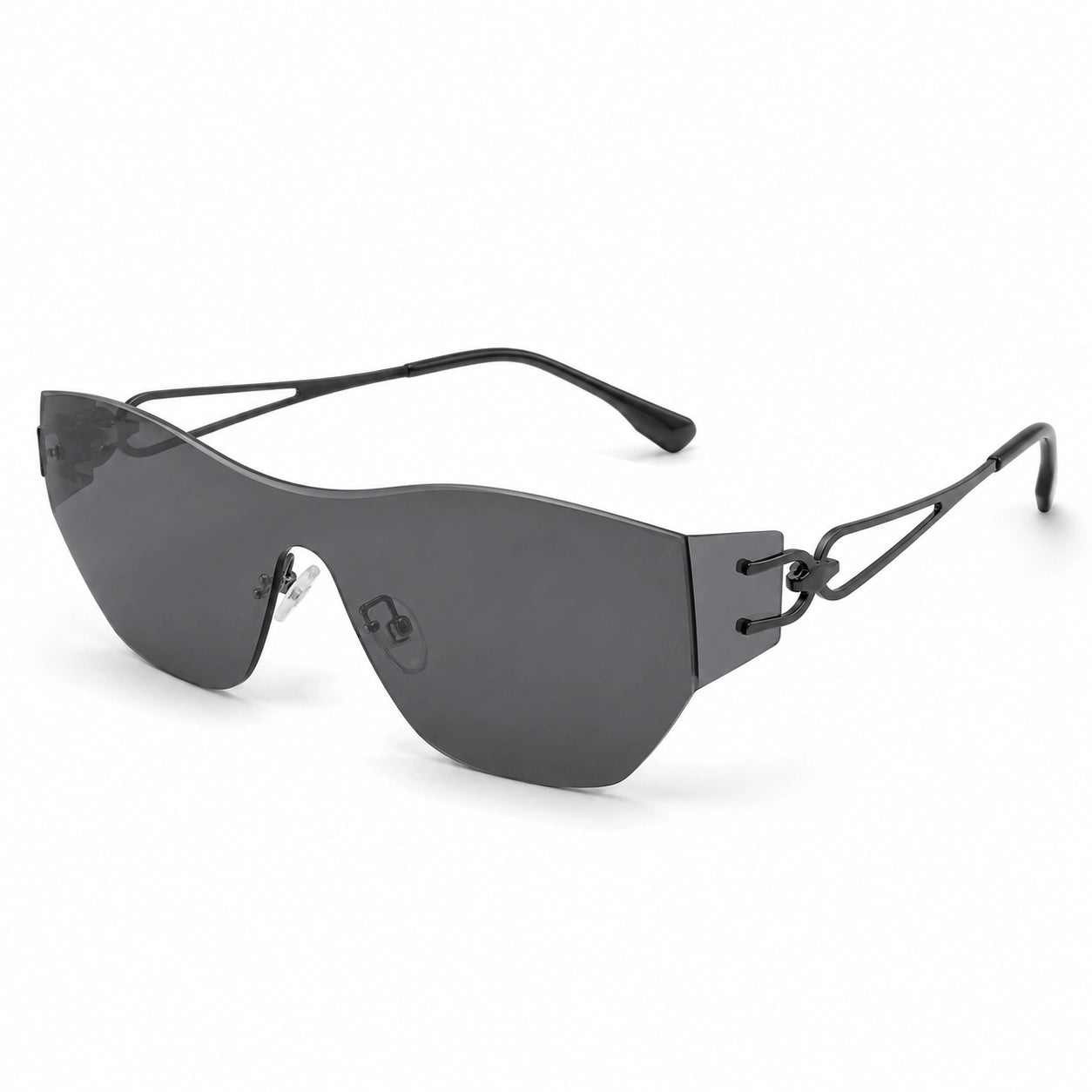 BAPORSSA Flow rimless shield sunglasses with dark gray lenses and black geometric metal temples, shown in angled view on a clean white background.