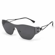 BAPORSSA Flow rimless shield sunglasses with dark gray lenses and black geometric metal temples, shown in angled view on a clean white background.