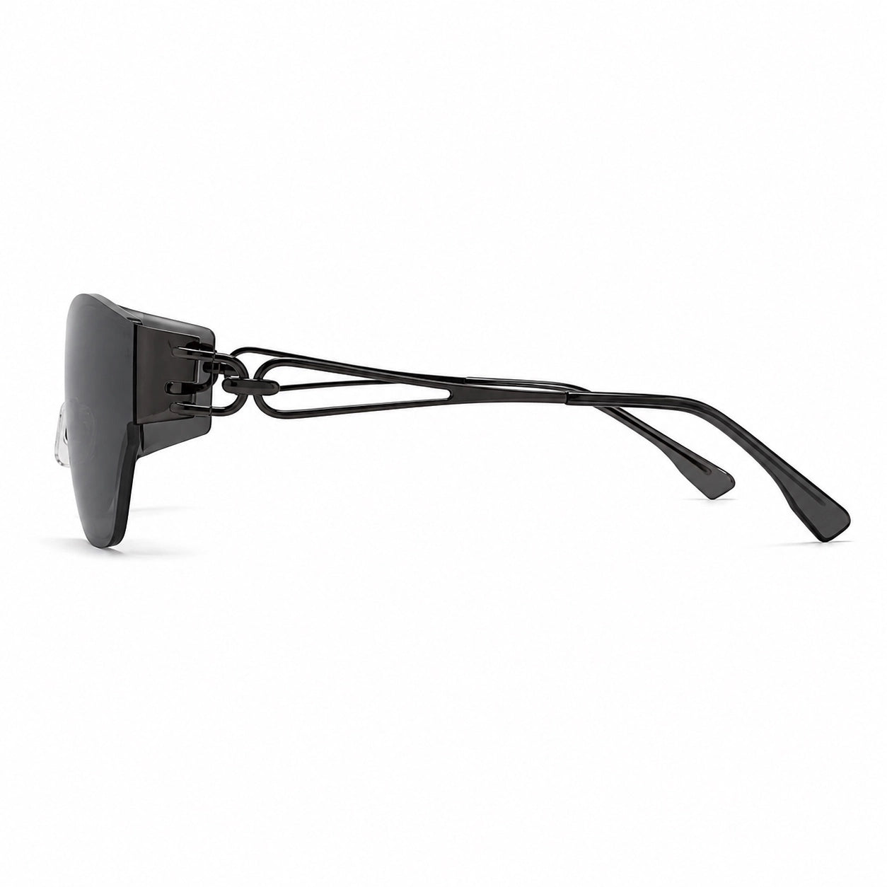 Right side view of BAPORSSA Flow rimless shield sunglasses with gray lenses and black geometric metal temples on a clean white background.