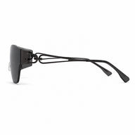 Right side view of BAPORSSA Flow rimless shield sunglasses with gray lenses and black geometric metal temples on a clean white background.
