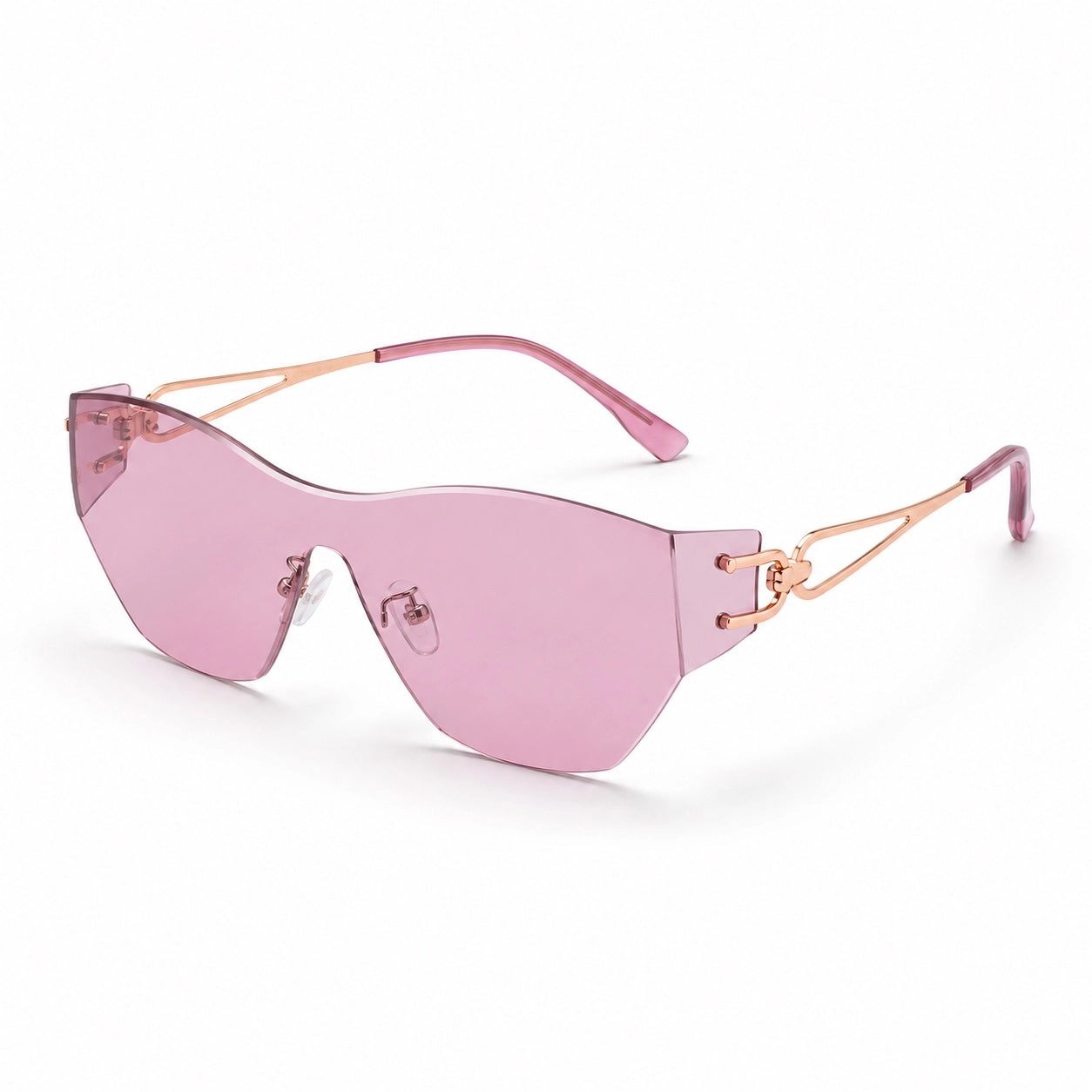 BAPORSSA Flow rimless shield sunglasses with pink lenses and rose gold geometric temples, shown in angled view on a clean white background.