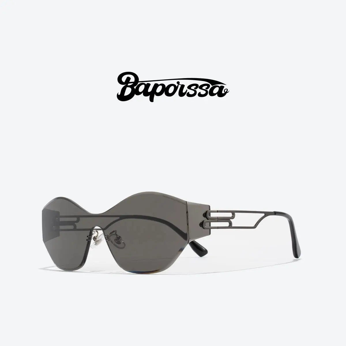 A 3/4 product shot of BAPORSSA's 'Future' wavy rimless shield sunglasses in gunmetal gray, on a white background with the Baporssa logo