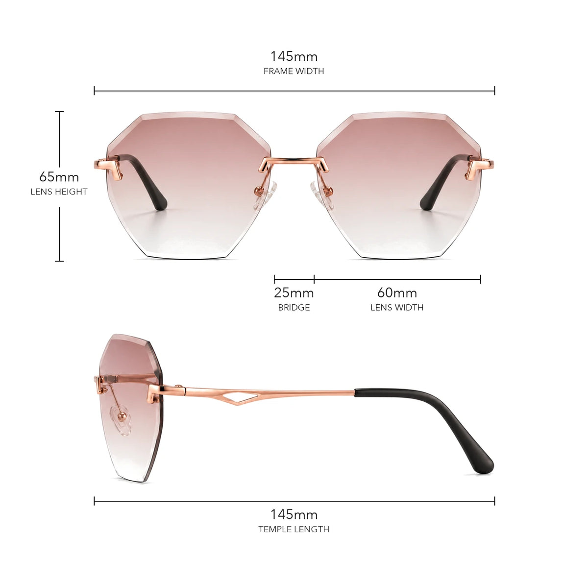 Glow | Randlose Sonnenbrille mit photochromatischem Farbverlauf size guide with frame measurements