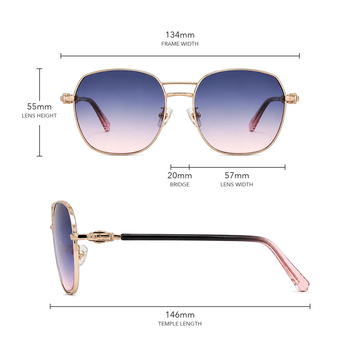 Gafas de sol Luma degradadas de metal ligero size guide with frame measurements