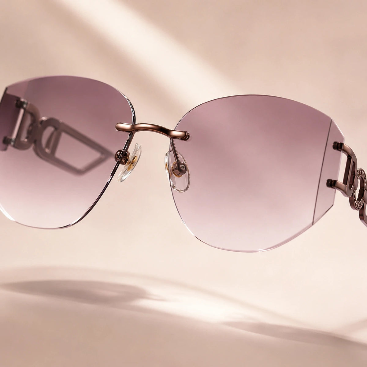 Floating product shot showcasing the inner structure of Baporssa Muse sunglasses, highlighting the comfortable clear nose pads, rose gold bridge, and translucent purple lenses.