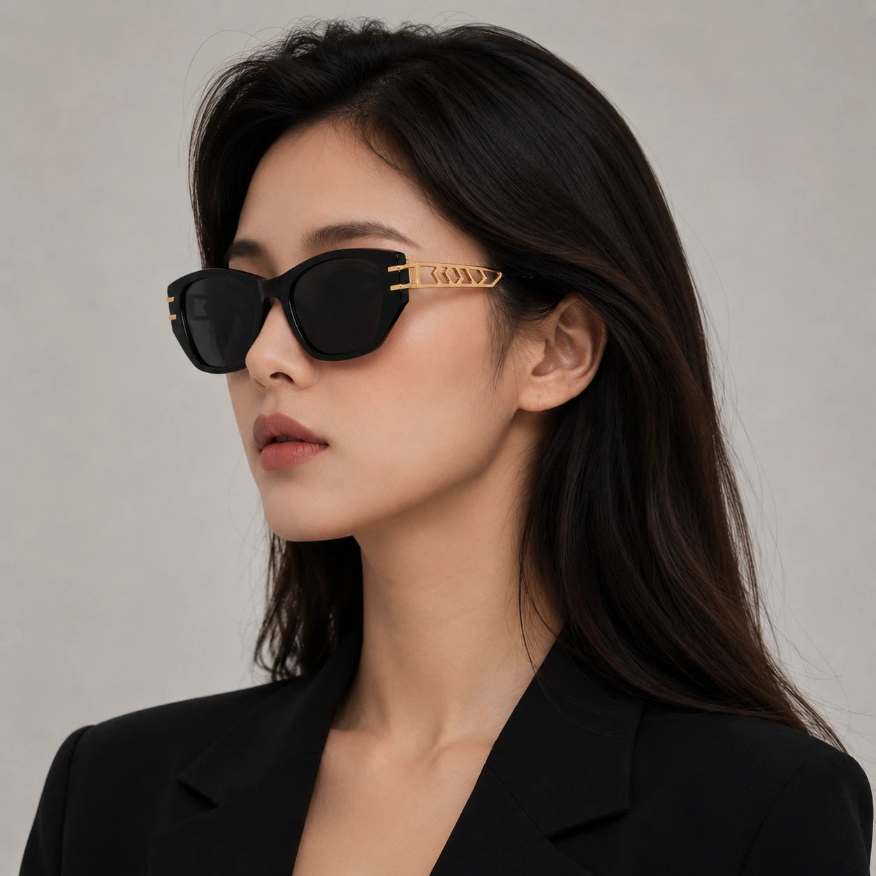 BAPORSSA noir black sunglasses gold geometric temple profile