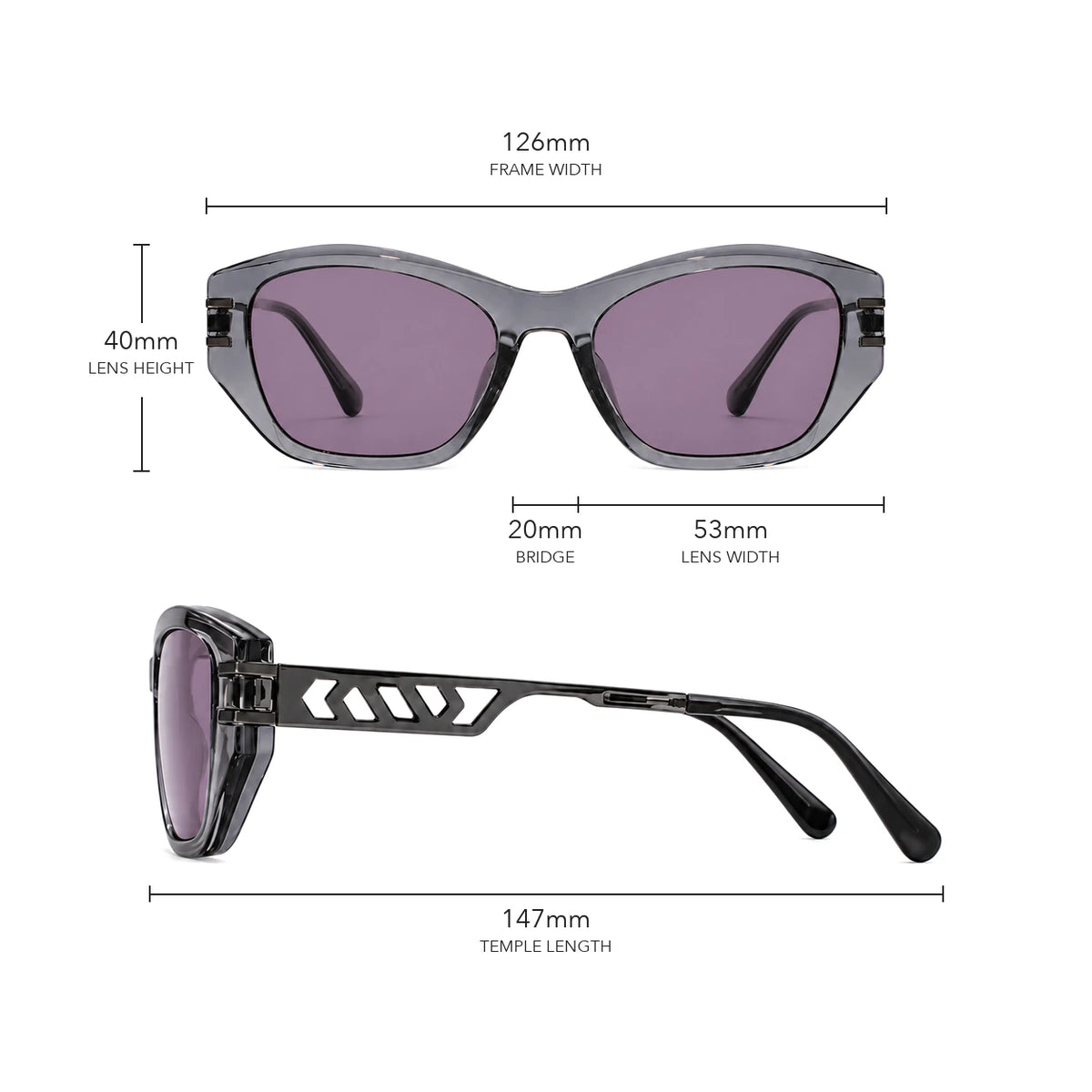 Noir gestructureerde cat-eye zonnebril size guide with frame measurements