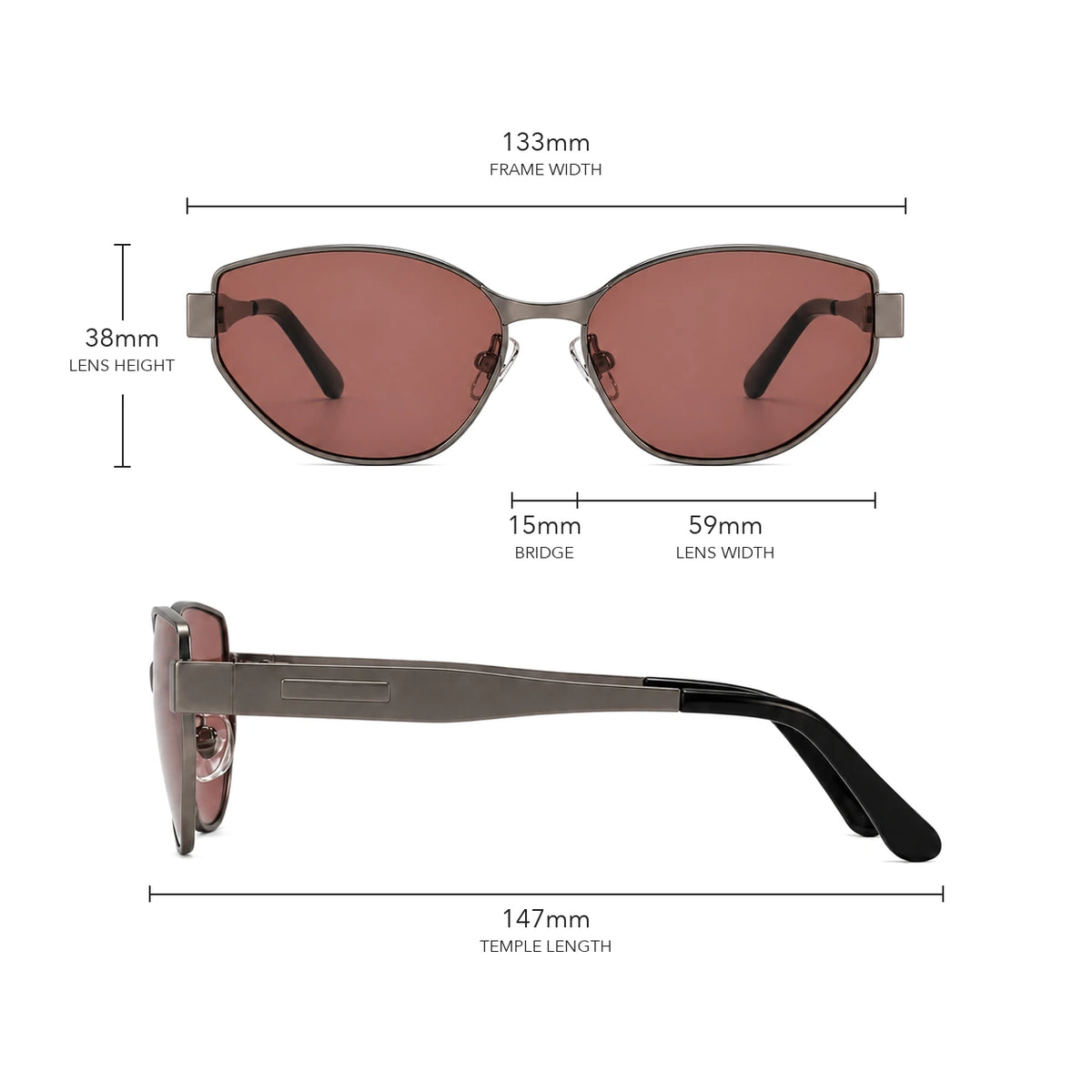 Onyx gepolariseerde titanium cat-eye zonnebril size guide with frame measurements