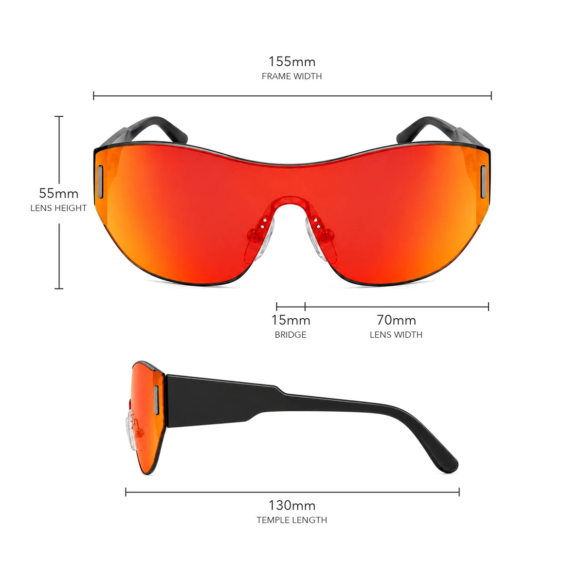 Sprint | Polarisierte randlose Sonnenbrille size guide with frame measurements