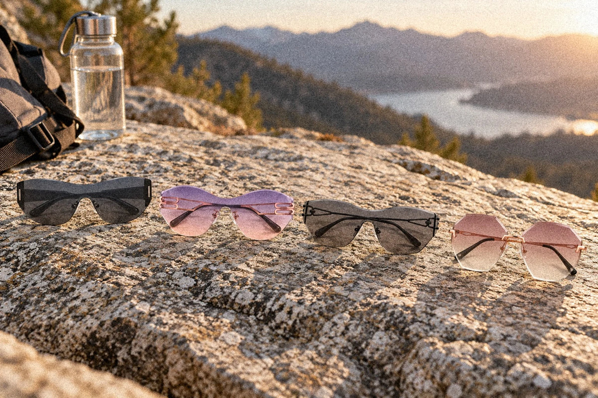 Sprint, Vanguard, Flow and Glow: the Y2K shield and rimless mood with lenses 60 mm wide or more, all polarized in the colours shown.