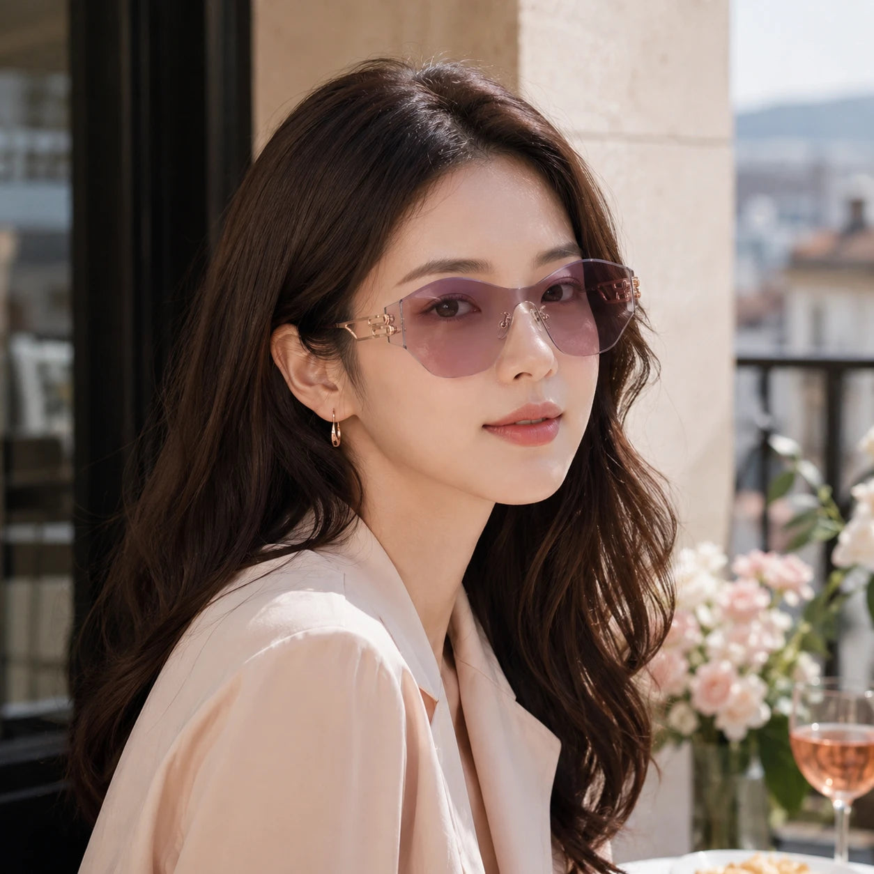 BAPORSSA vanguard pink sunglasses outdoor terrace lifestyle