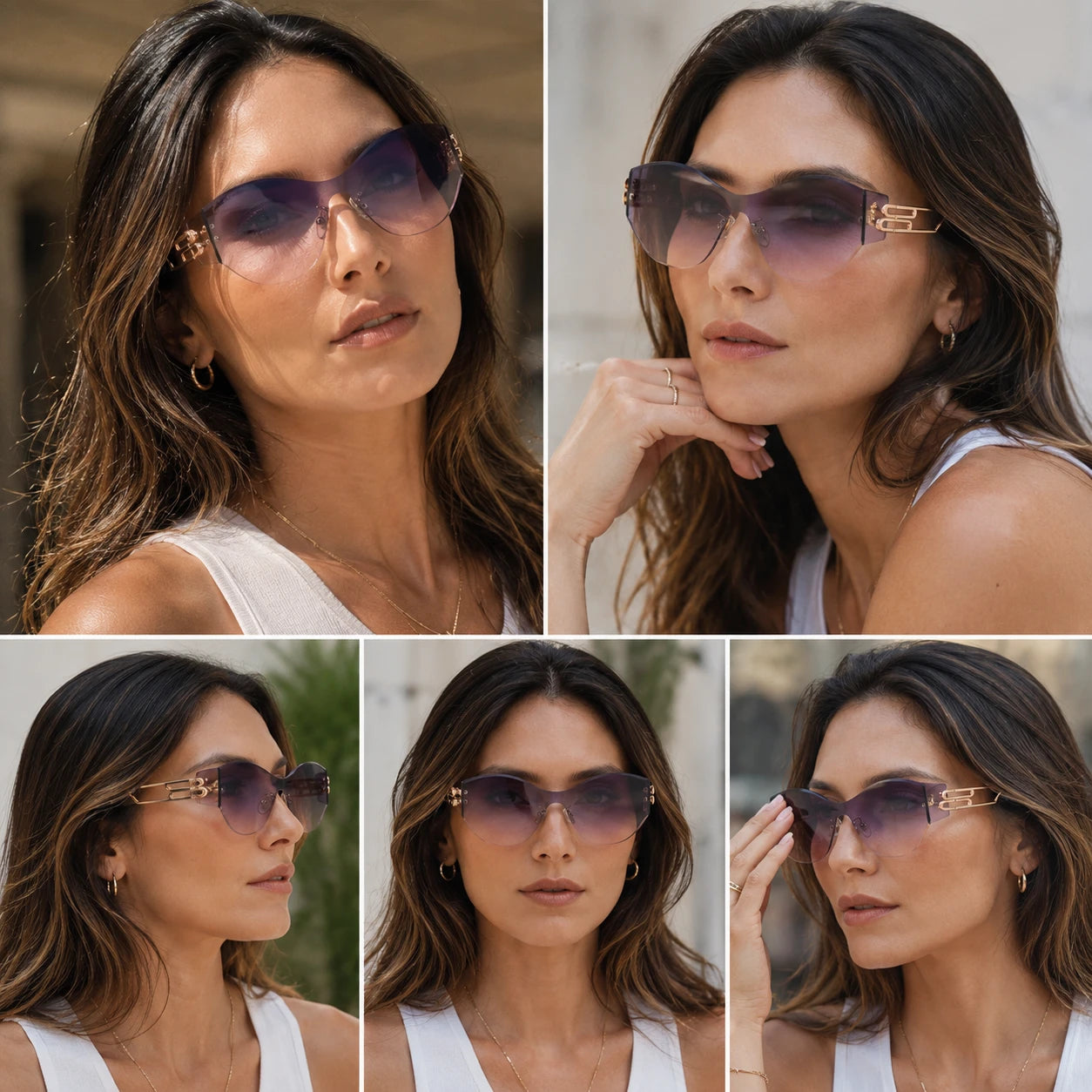 BAPORSSA Vanguard rimless wrap sunglasses shown in a multi-angle product collage