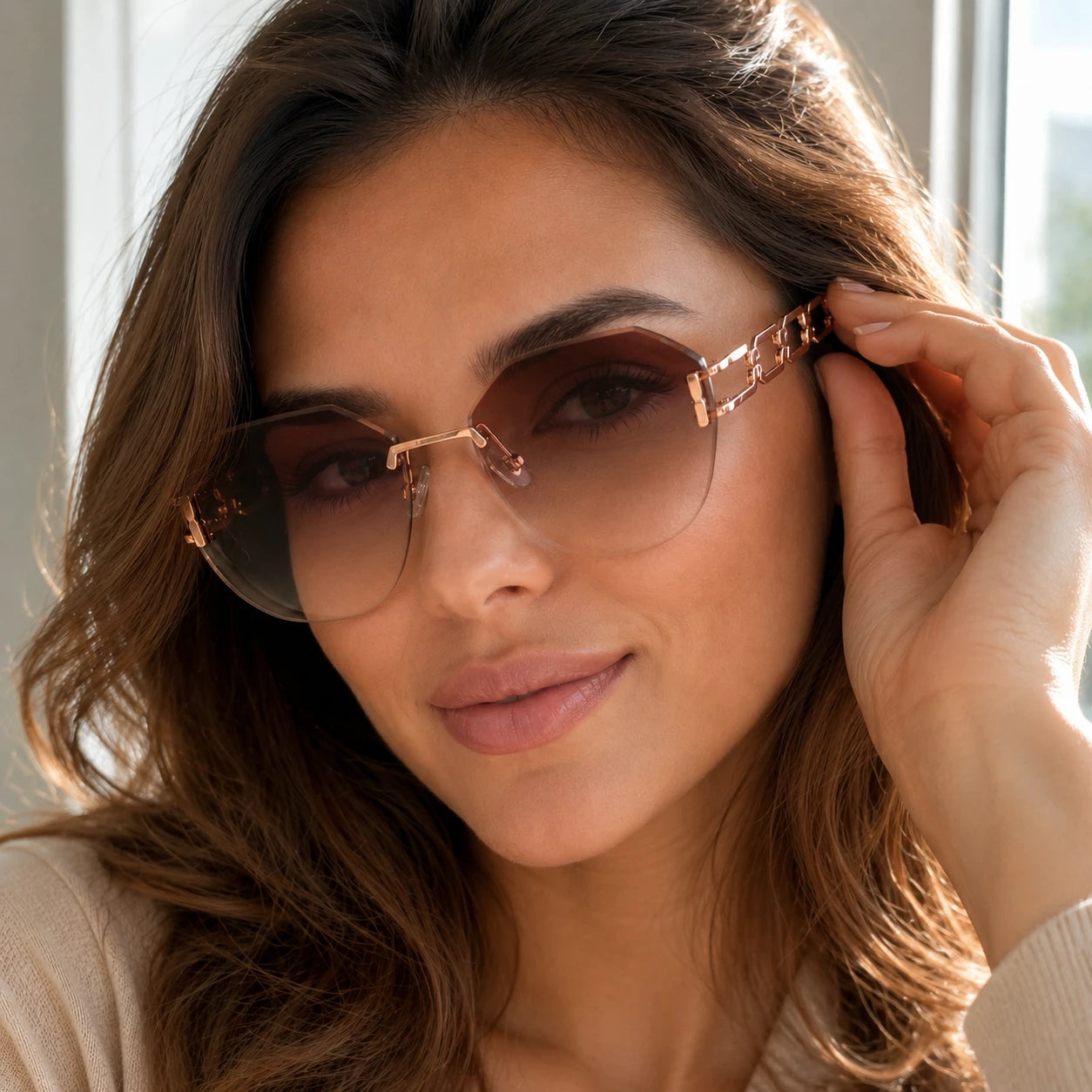 A beautiful brunette woman smiling slightly while wearing Baporssa rimless sunglasses with brown gradient lenses and detailed rose gold temples, adjusting the frame with her hand.