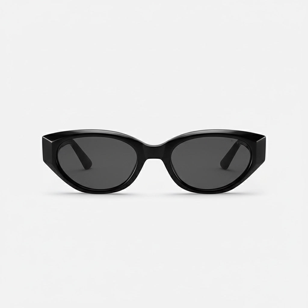 Straight front view of retro black cat-eye sunglasses, premium acetate construction