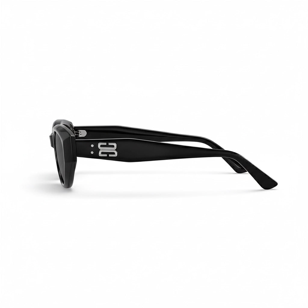 Side view of black acetate cat-eye sunglasses with silver BB logo temple detail