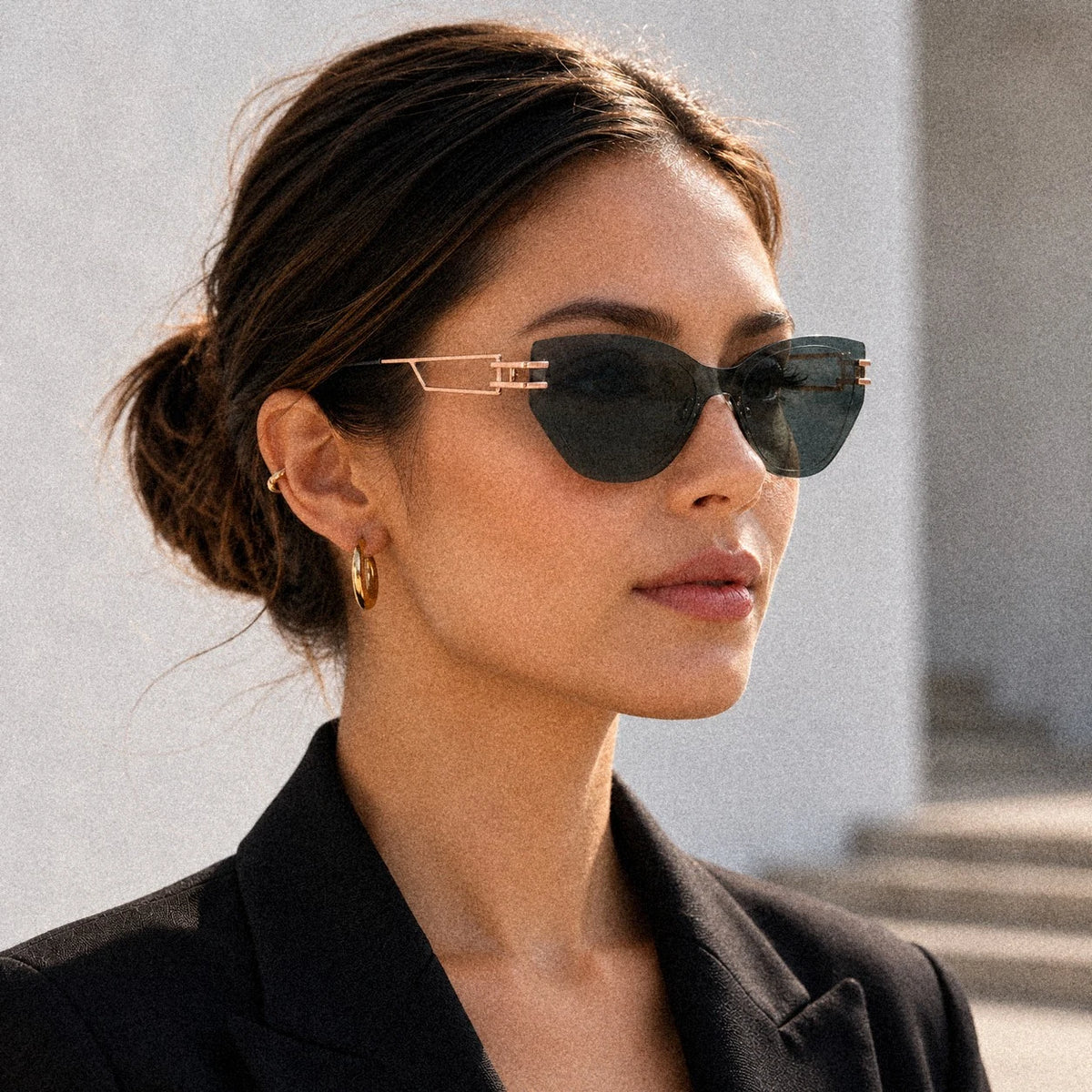 BAPORSSA Edge sunglasses in Grey-Green, worn by a model, side profile