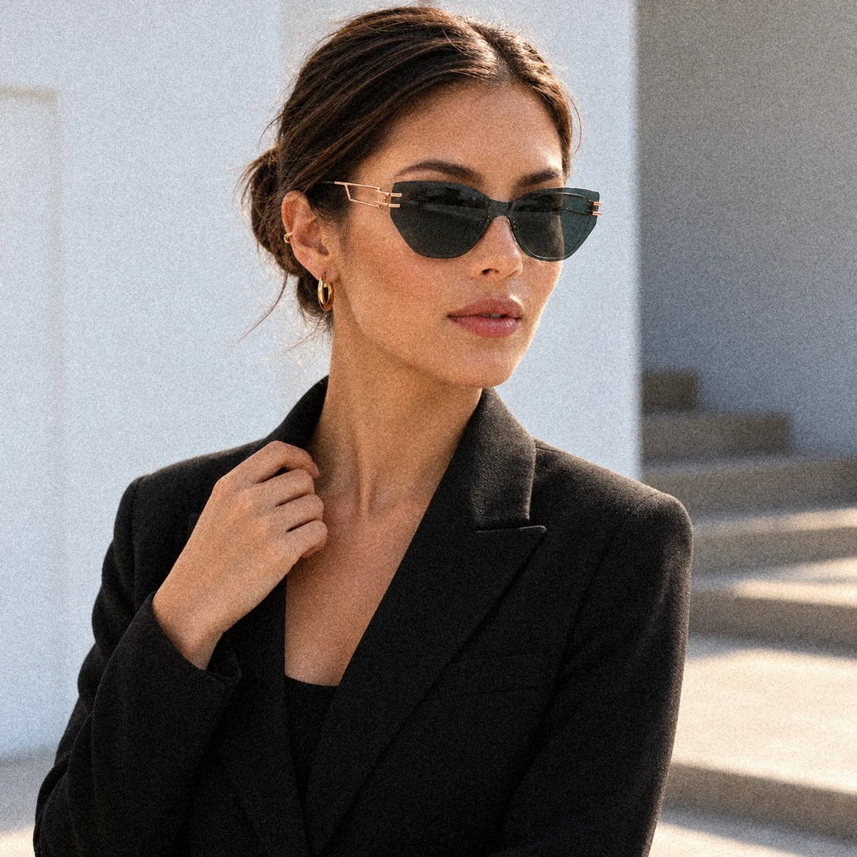 BAPORSSA Edge sunglasses in Grey-Green, worn by a model, editorial portrait