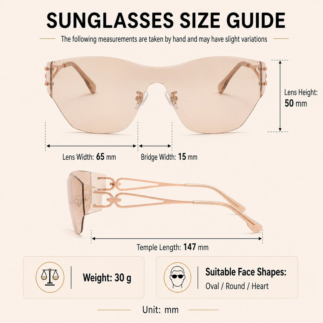 Солнцезащитные очки без оправы Baporssa цельные A2531 / 65-15-147 fit and size guide