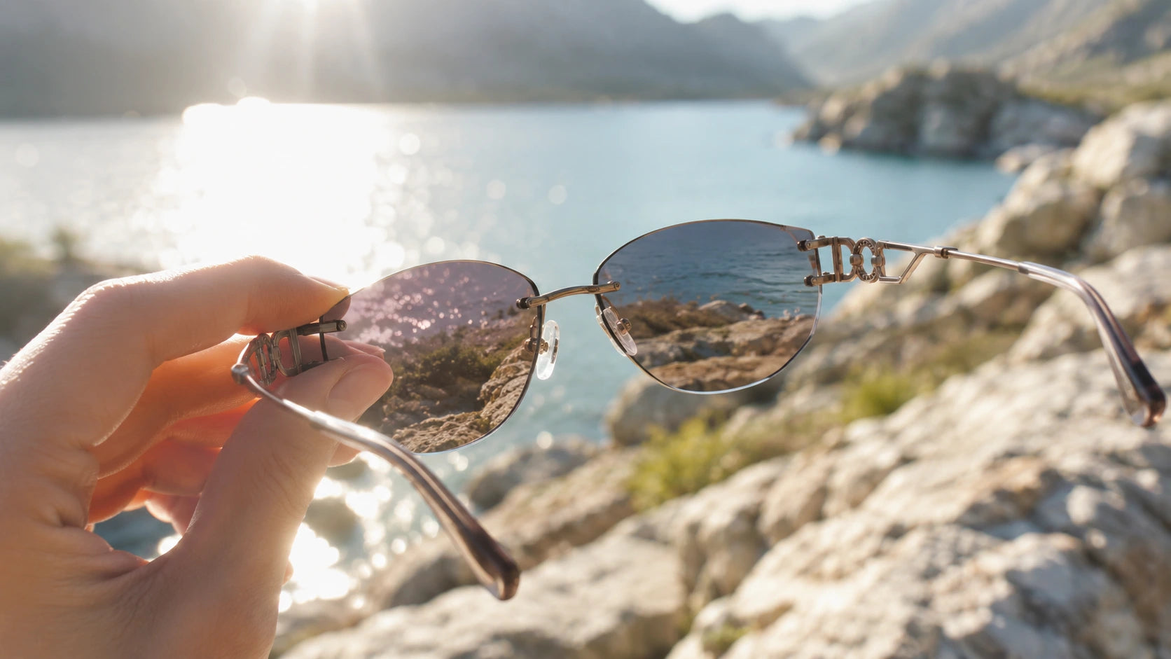 Sunglasses reducing bright glare from water and pale hiking rocks_2