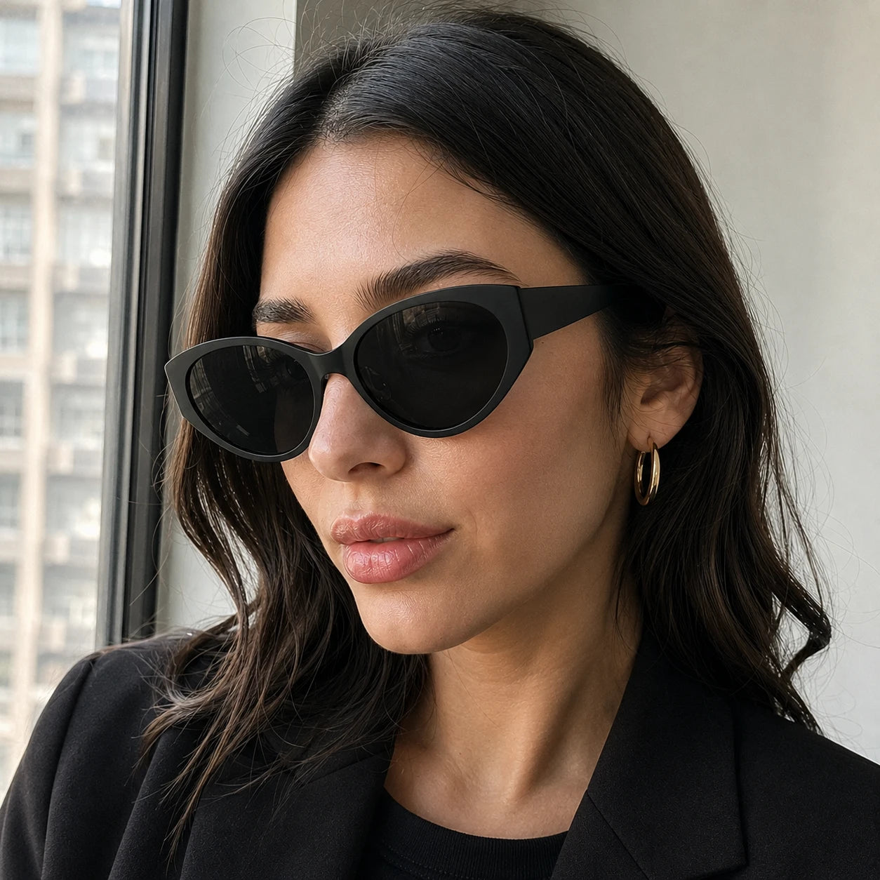 Side profile of a woman wearing Lyra chunky black designer sunglasses with dark lenses, looking to the side.