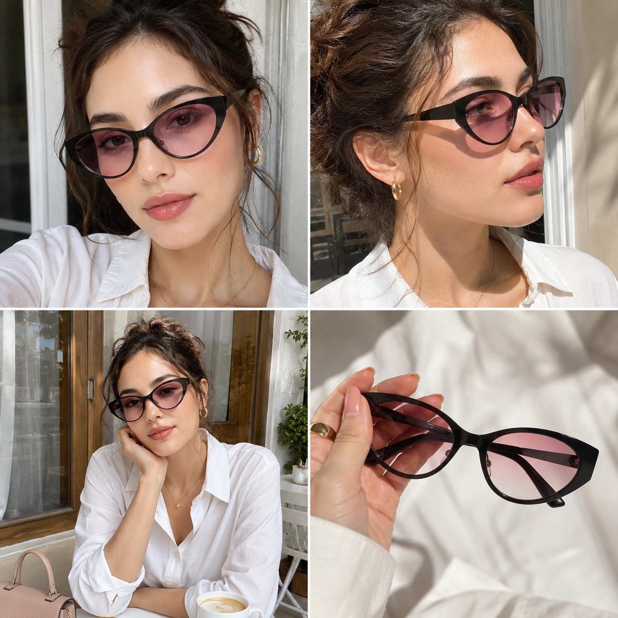 A four-image collage showing a lifestyle lookbook of Lyra cat-eye sunglasses, including selfies, outdoor cafe style, and holding the pink lens up to the sun.