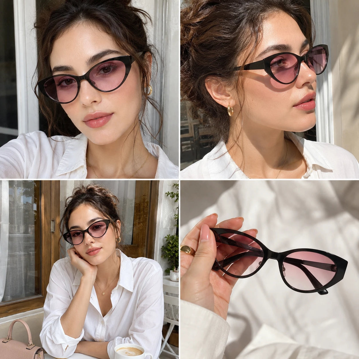 A four-image collage showing a lifestyle lookbook of Lyra cat-eye sunglasses, including selfies, outdoor cafe style, and holding the pink lens up to the sun.