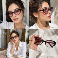 A four-image collage showing a lifestyle lookbook of Lyra cat-eye sunglasses, including selfies, outdoor cafe style, and holding the pink lens up to the sun.