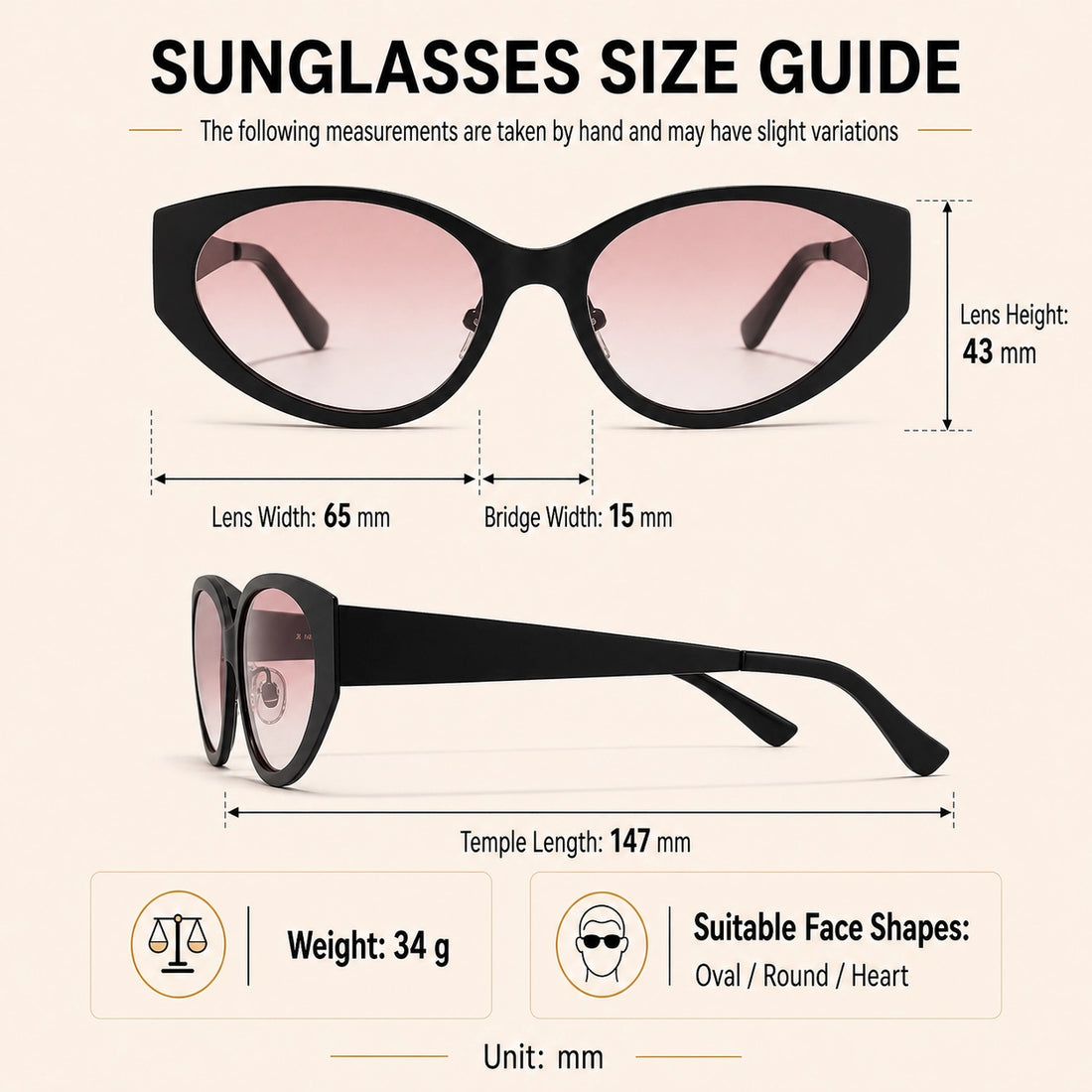 Óculos de Sol Metálicos BAPORSSA Cat-Eye B7291 / 65-15-147 fit and size guide