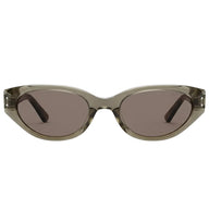 Sunglasses with a transparent frame and dark lenses on a white background