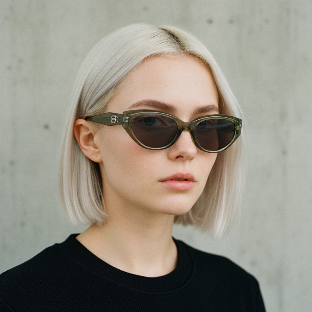 Platinum blonde model side profile wearing olive green transparent cat-eye sunglasses, all-black minimalist vibe