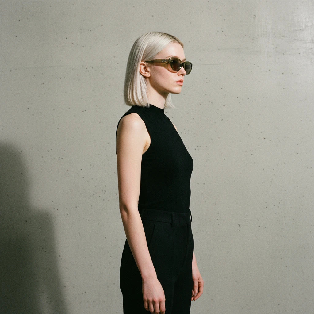 Side view of silver-haired model wearing B logo olive green cat-eye sunglasses in natural light
