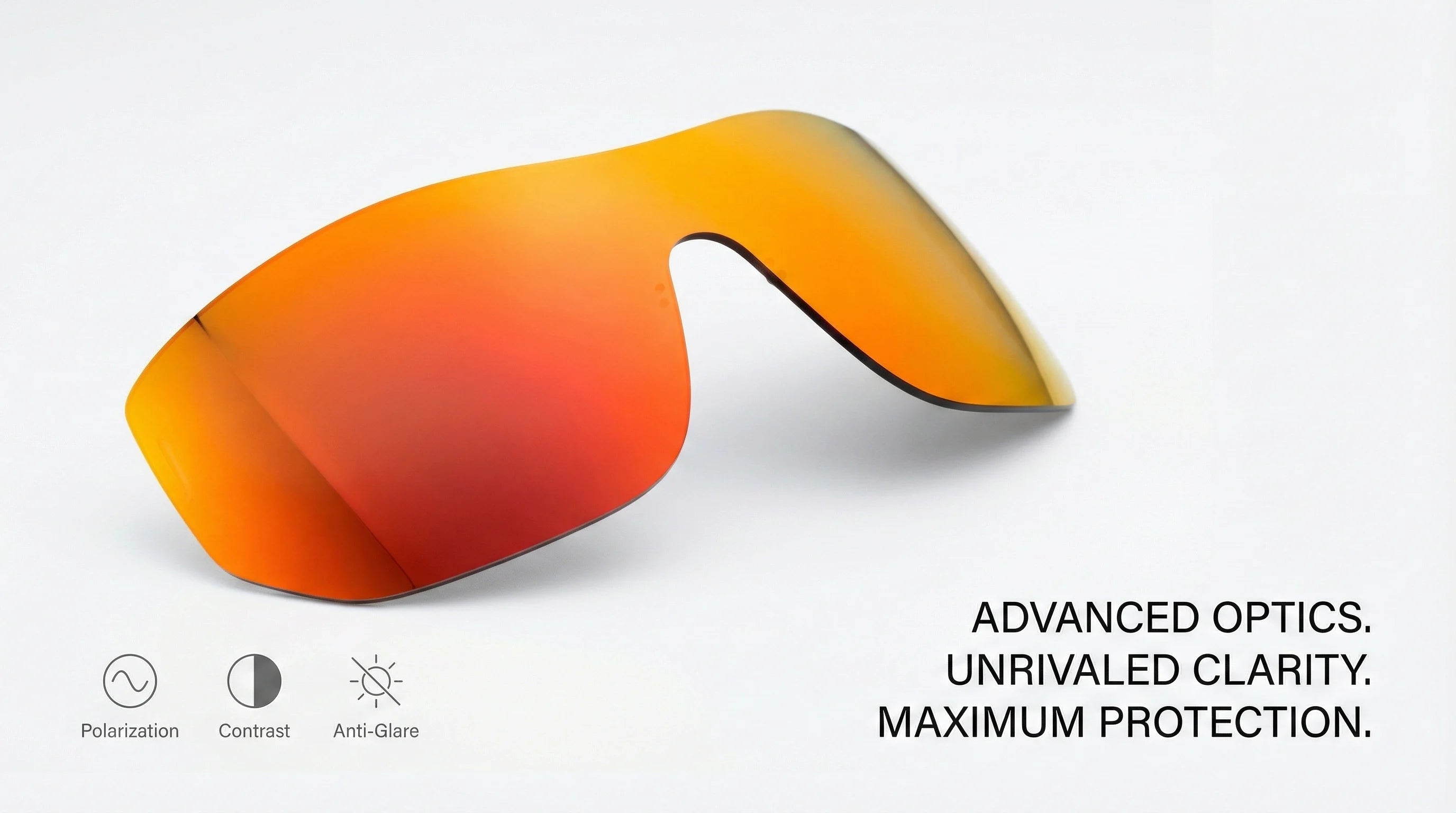 Orange-tinted eyeglass lens with text on a white background