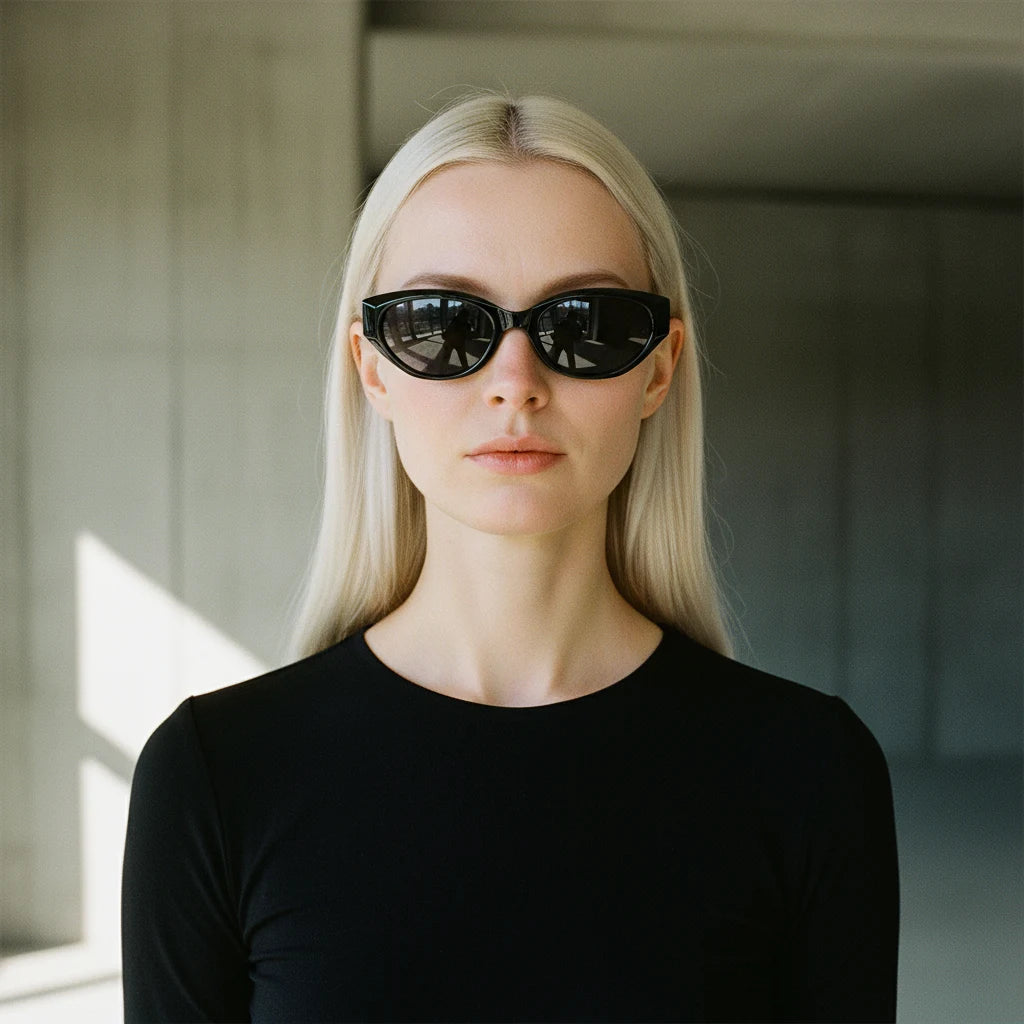 Platinum blonde model front view wearing black cat-eye sunglasses, cool luxury vibe