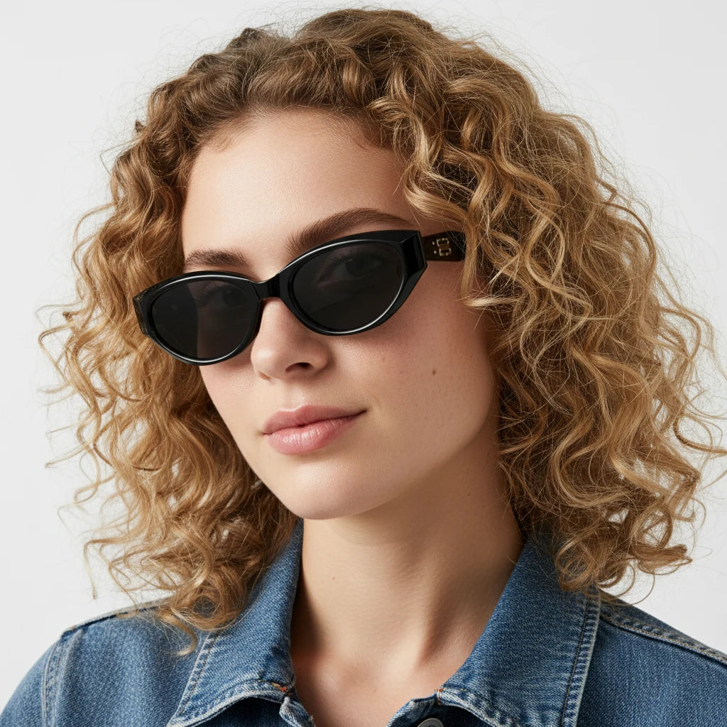 Close side view of curly-haired woman wearing black cat-eye sunglasses with B/S metal temple detail