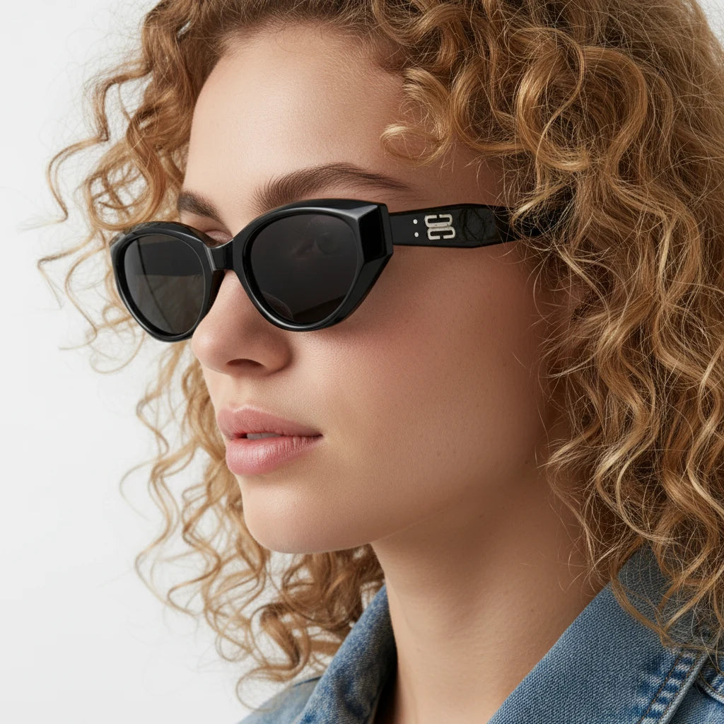 Curly-haired model wearing retro black cat-eye sunglasses side profile with B/S logo temple