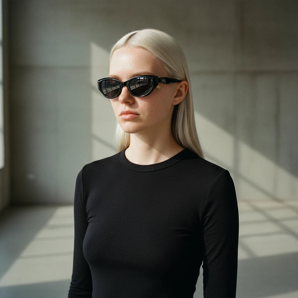 Side profile of silver-haired model wearing B/S logo cat-eye sunglasses, retro mystery