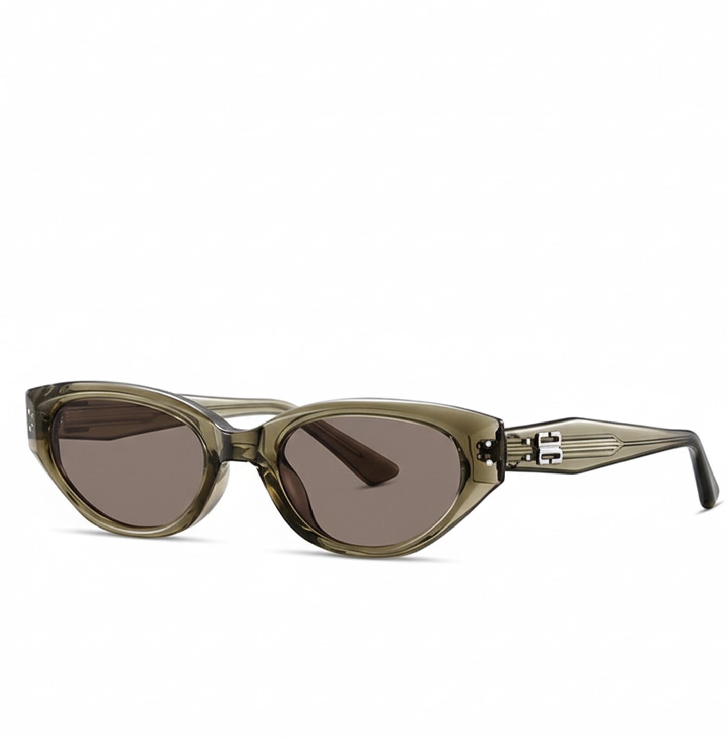 Olive green cat-eye sunglasses side view with metallic B logo temple accent