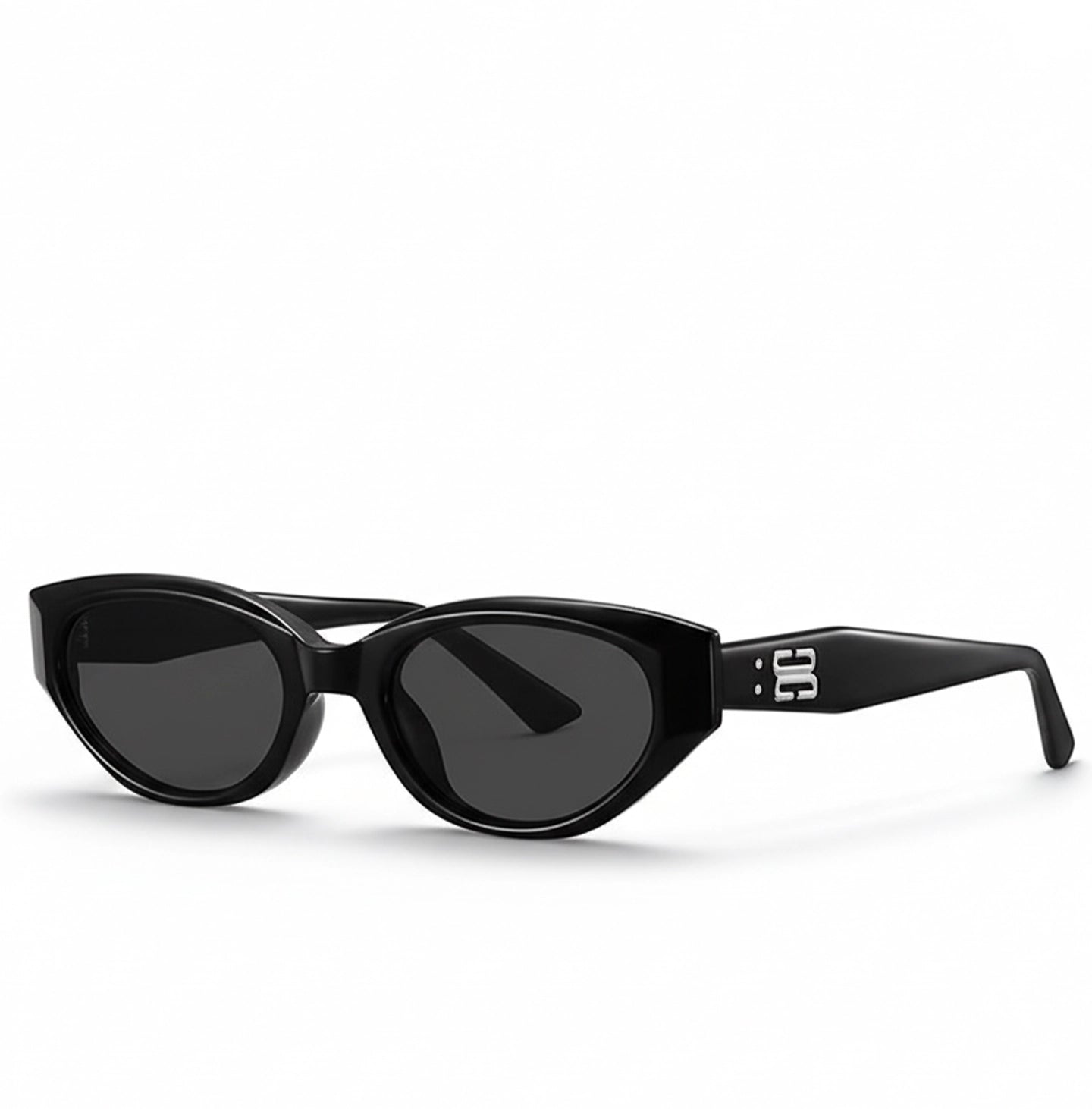Classic black cat-eye sunglasses side profile featuring silver B logo temples