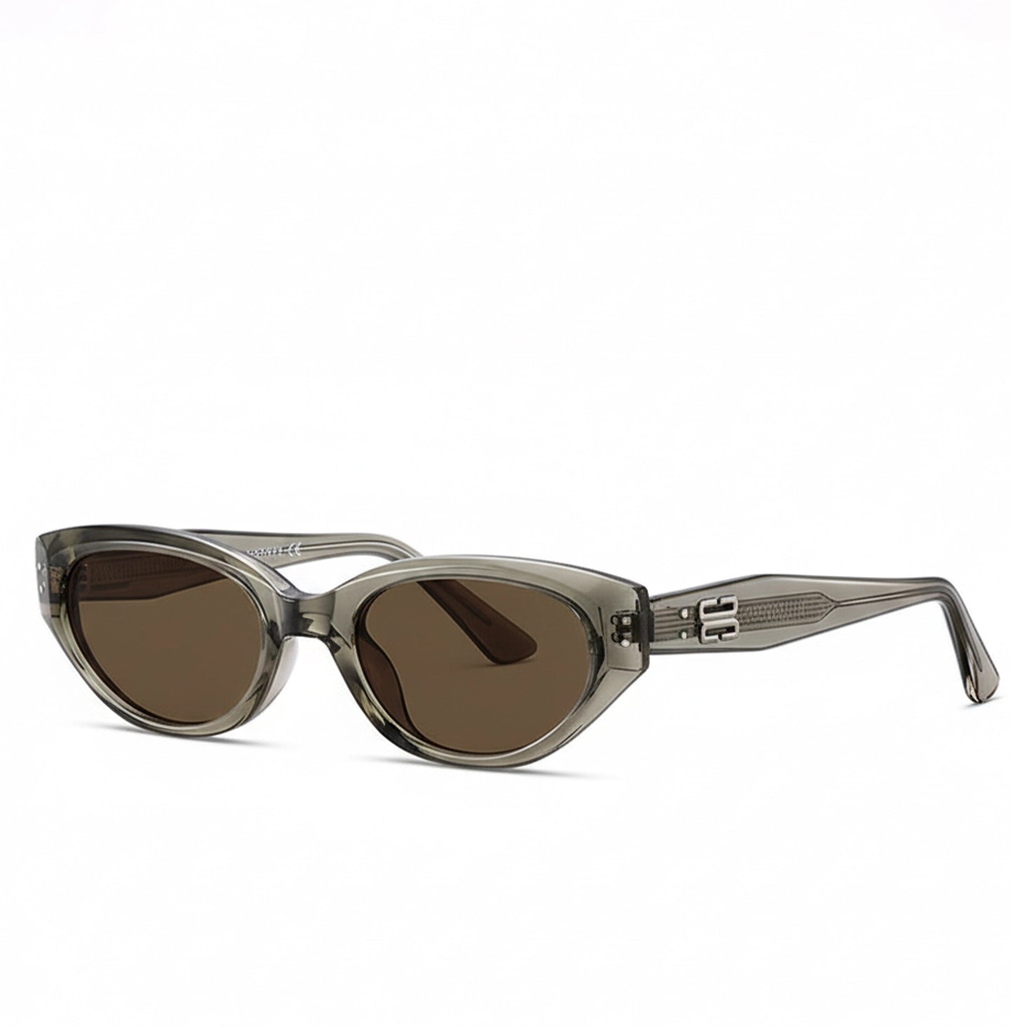 Transparent grey-tea retro cat-eye sunglasses with B logo acetate frame texture