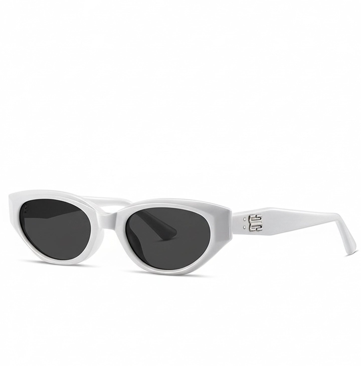 White acetate retro cat-eye sunglasses side view with silver B logo temple detail