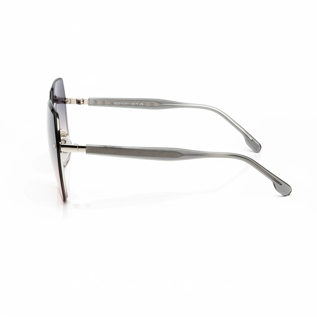 Side view of rimless gradient ocean lens sunglasses with Greek key engraved titanium temples