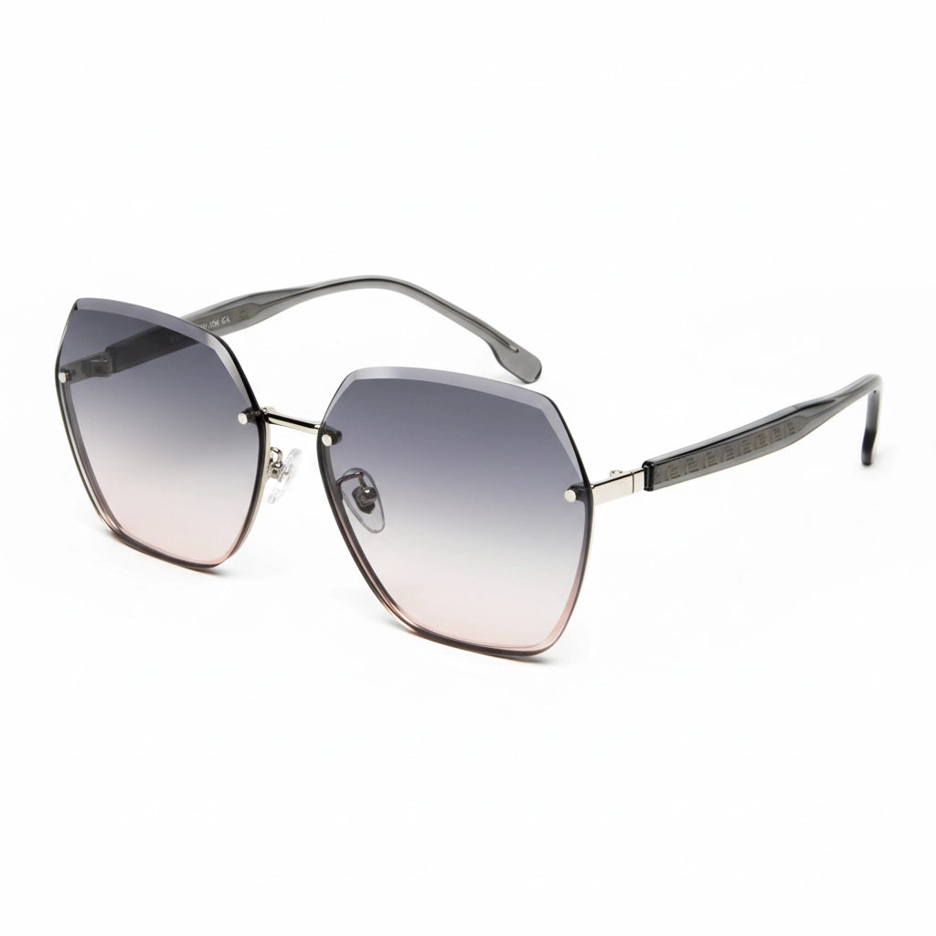 Front view of oversized rimless sunglasses with pink-purple gradient ocean lenses