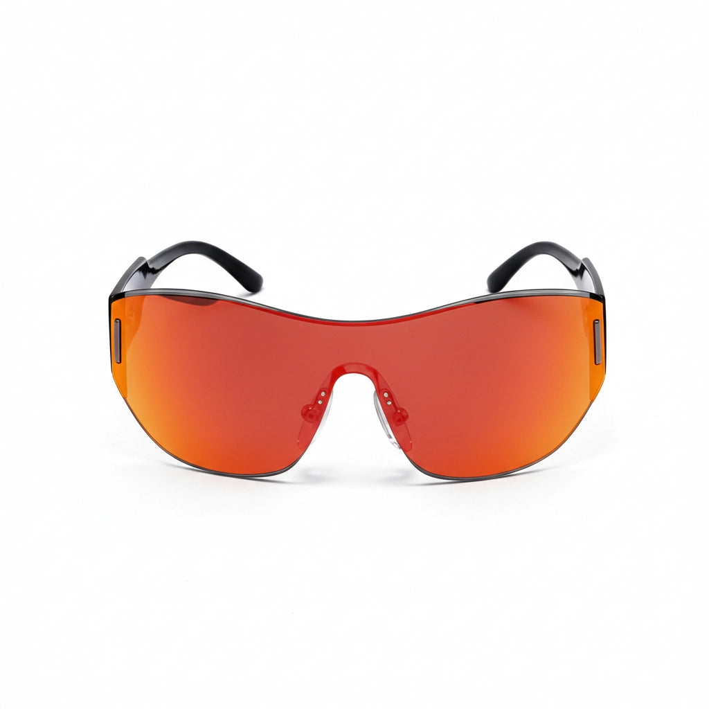 Sunglasses with orange lenses and black frames on a white background