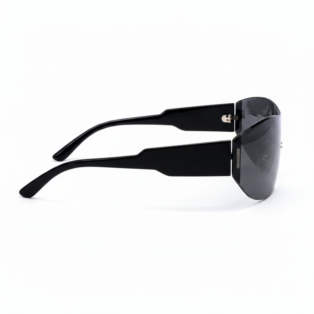 Black sunglasses with a reflective lens on a white background
